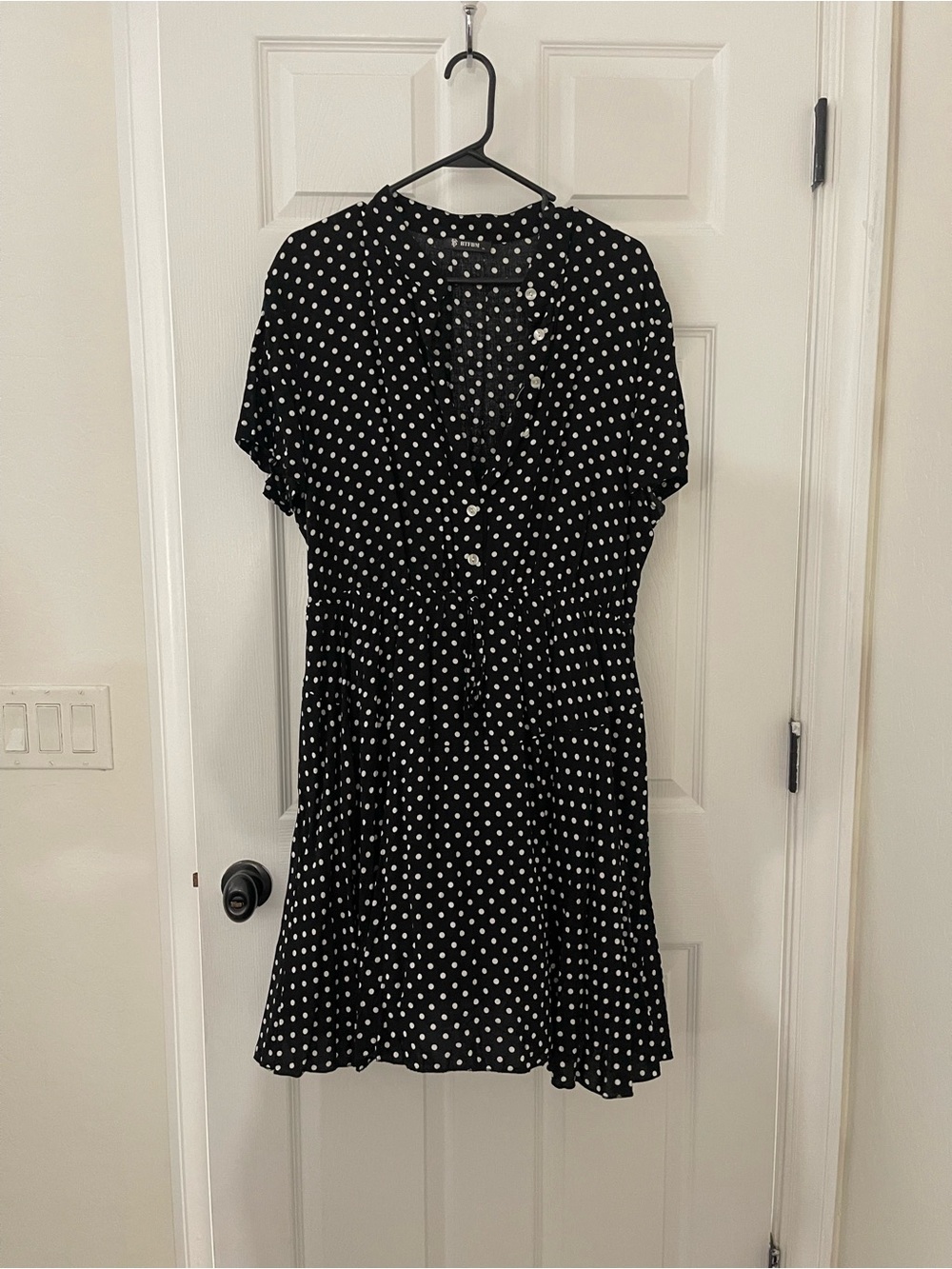 Polka Dot Button-Front Black Dress